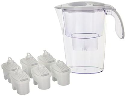 Pack de 6 filtros Laica bi-flux + 1 jarra de regalo. El filtro bi-flux reduce la cal y el cloro, mejorando el sabor del agua del grifo, dura 150 litros/1 mes, compatibles con las jarras Brita y otras