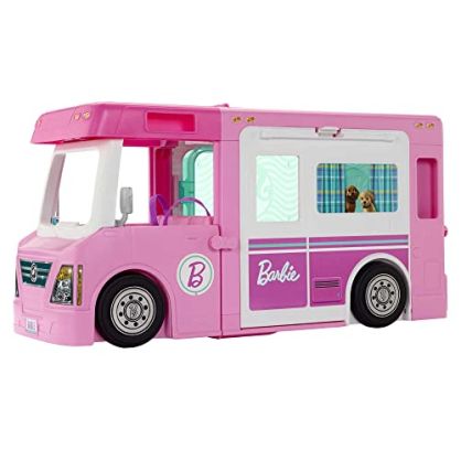 Barbie Caravana para acampar 3 en 1 con piscina, camioneta, barca y 5 accesorios (Mattel GHL93)